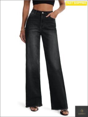 Wide Leg Stretch Denim Jeans Raw Hem Mid Rise Tall Inseam Pants
